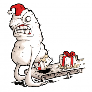 santa hat wearing creature pooping out presents onto a conveyor belt